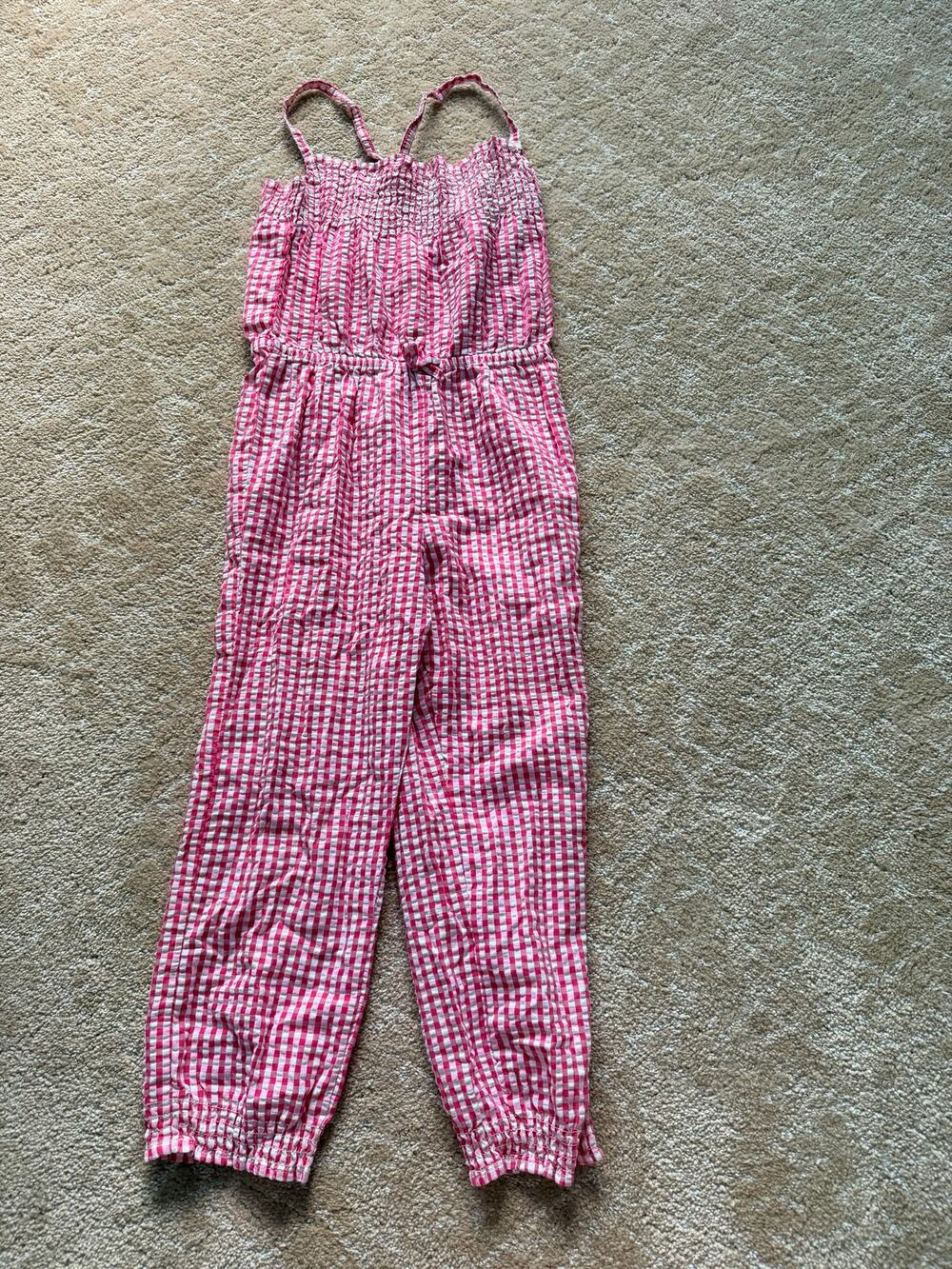 H&M Girls Pink and White Gingham Smocked Jumpsuit Size 5-6